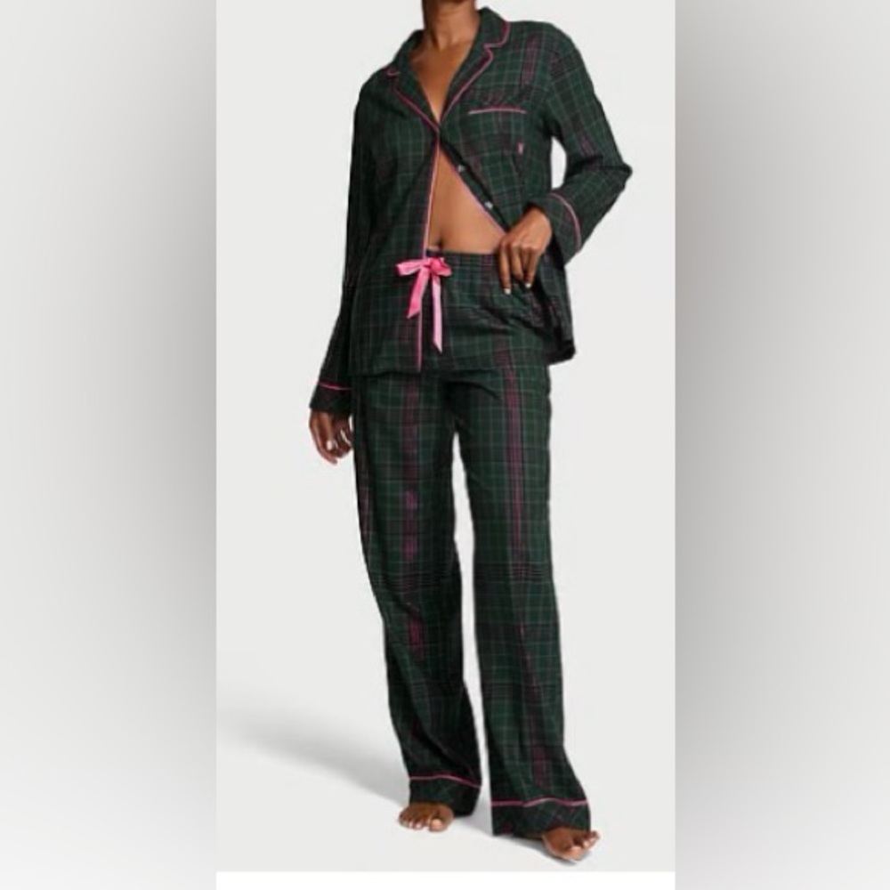 Victoria's Secret Dark Plaid Pajama Set with Pink Accents